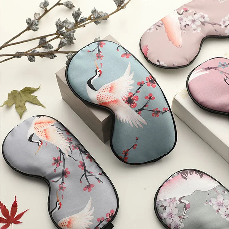 Imitated Silk Sleeping Eye Mask with Crane Print | Adjustable Blindfold for Travel and Relaxation