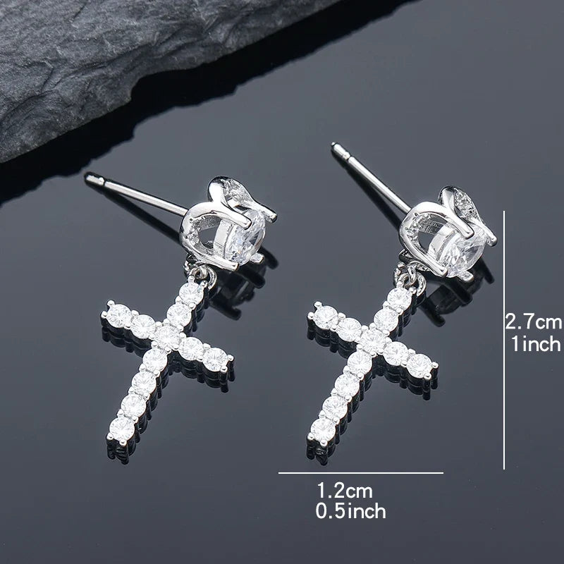 Punk Gold/Silver Cross Stud Earrings | Hip Hop Rhinestone Piercing Ear Accessories