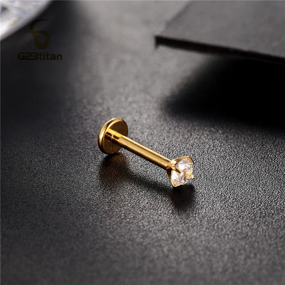 Titanium Labret Stud with Zircon Gem | Internally Threaded Body Jewelry