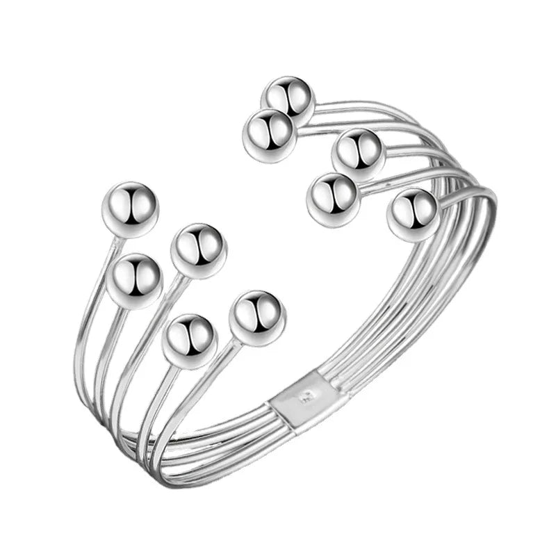 Andara 925 Silver Bead Open Cuff Bracelet Bangle | Unisex Sterling Silver Jewelry Gift