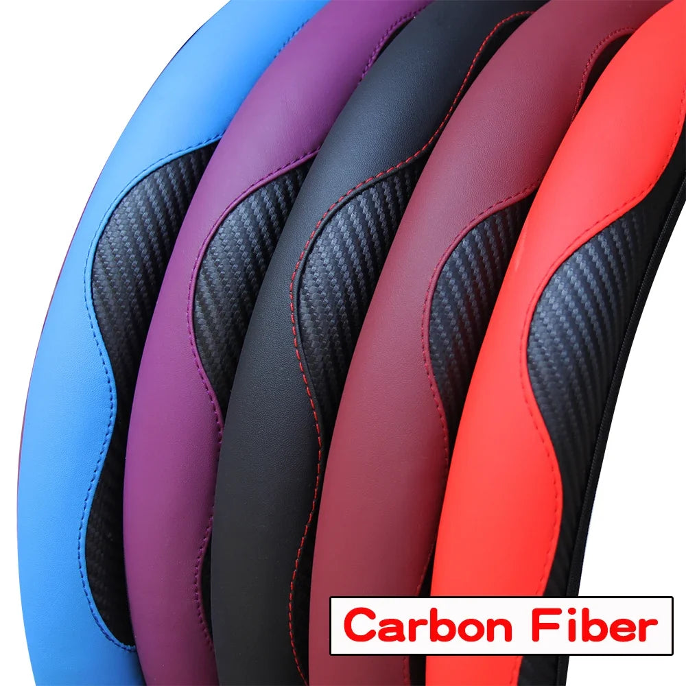 PU Carbon Fiber Leather Car Steering Wheel Cover | 14.5-15 Inch Grip Enhancer