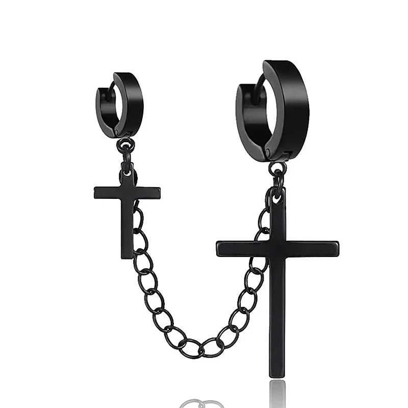 Fashion Punk Cross Pendant Clip Earring | Unisex Metal Chain Tassel Ear Cuff