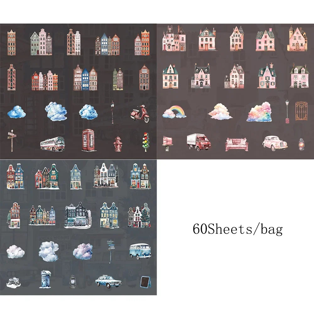 60Pcs Cabin Landscaping Sticker Pack | DIY Craft Stickers for Phone Case, Diary, and Card Decoration