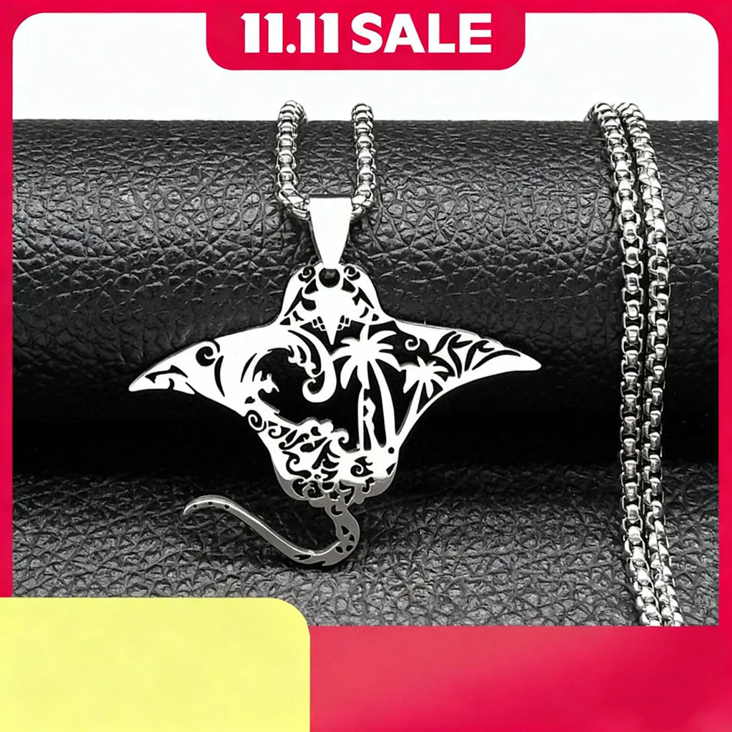 Manta Ray Sea Devil Fish Pendant Necklace | Stainless Steel Gold Silver Color Chain Jewelry