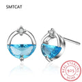 Half Round Natural Sky London Blue Topaz 925 Sterling Silver Spring Water Stud Earrings | Women's Fine Gemstone Jewelry