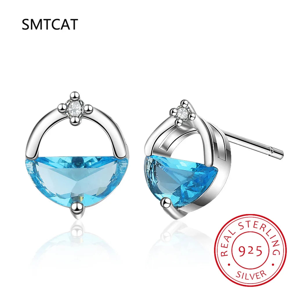 Half Round Natural Sky London Blue Topaz 925 Sterling Silver Spring Water Stud Earrings | Women's Fine Gemstone Jewelry