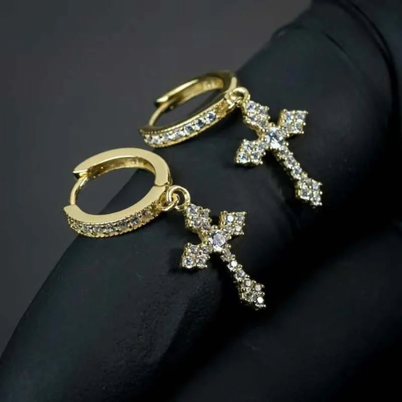 Korean Sliver Color Zircon Cross-Shape Drop Earrings | Punk Hip Hop Crystal Pendant Earrings