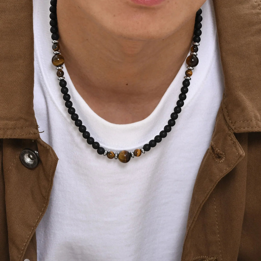 Casual Black Brown Beaded Necklace for Men | Summer Beach Tiger Eye Stone Jewelry