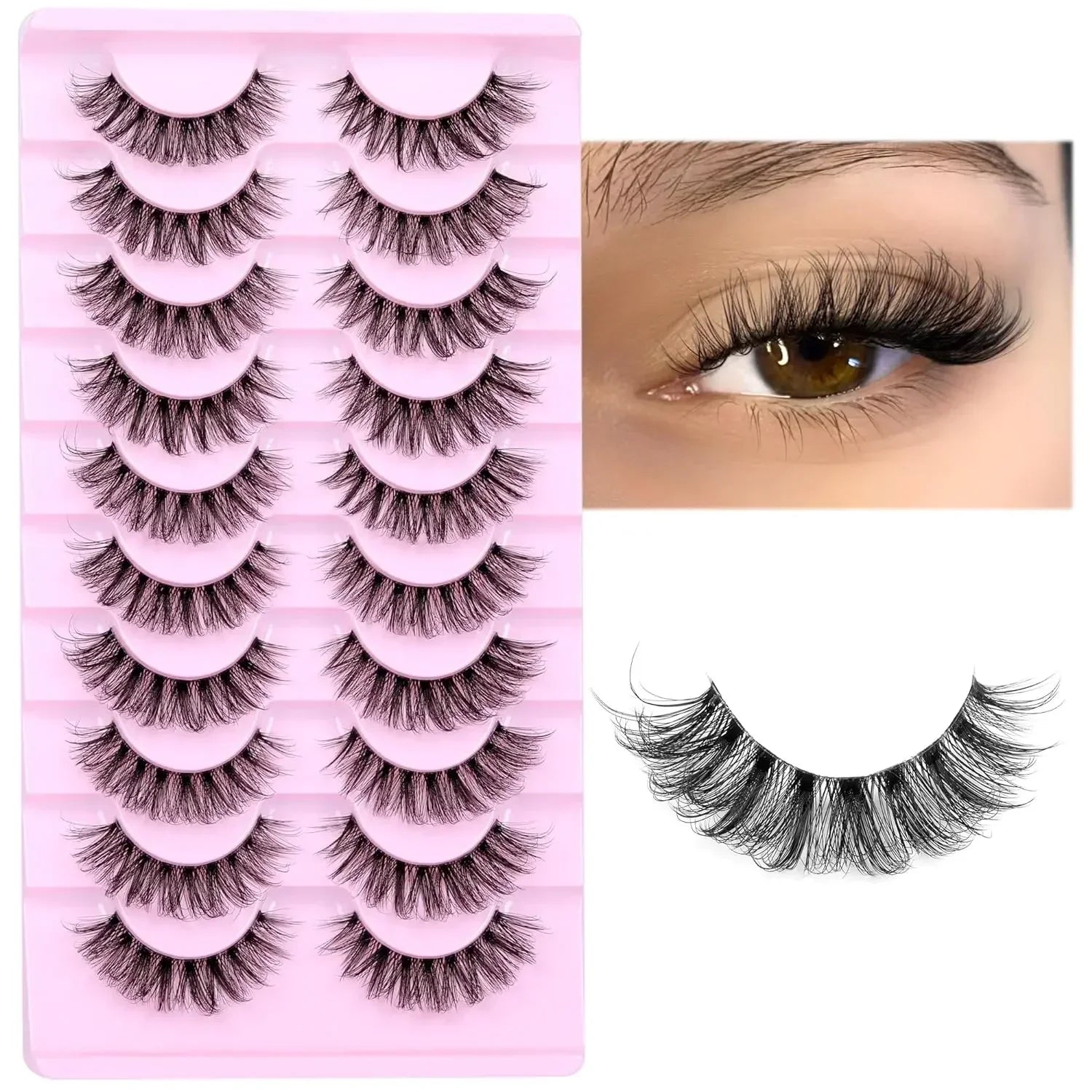 10 Pairs Natural Fluffy False Eyelashes | Wispy 3D Volume Strip Lashes with Clear Band