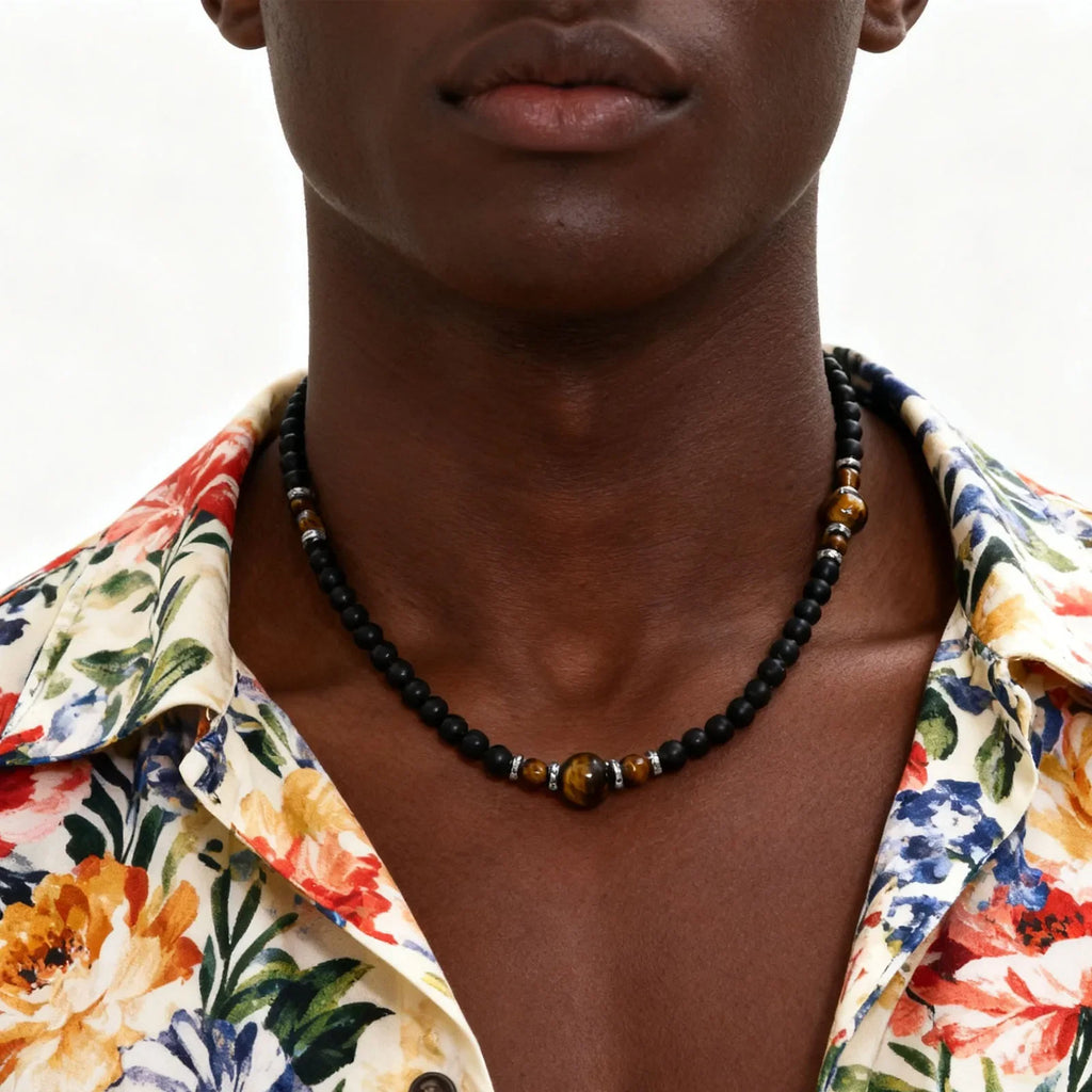 Casual Black Brown Beaded Necklace for Men | Summer Beach Tiger Eye Stone Jewelry