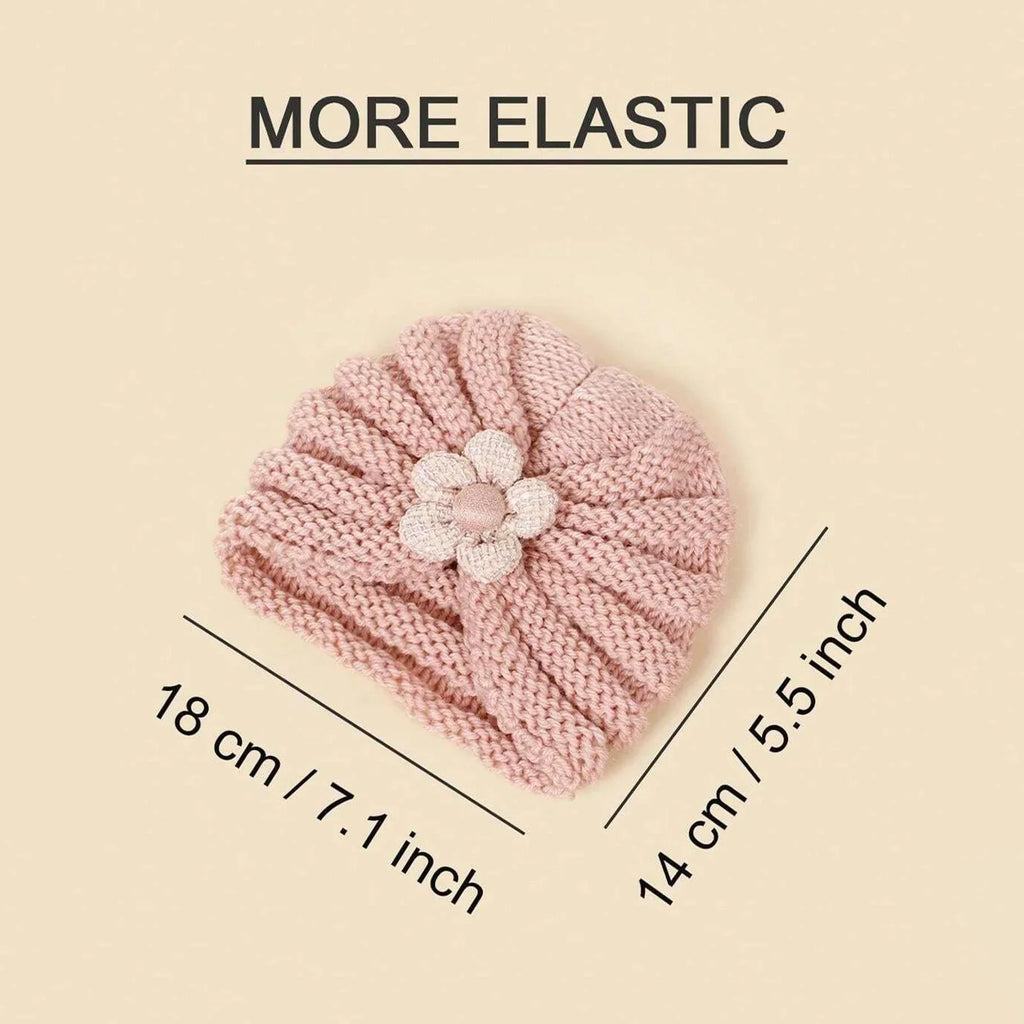 Baby Crochet Turban Hat with Flower Decor | Winter Warm Knit Headwrap for Infant Girls