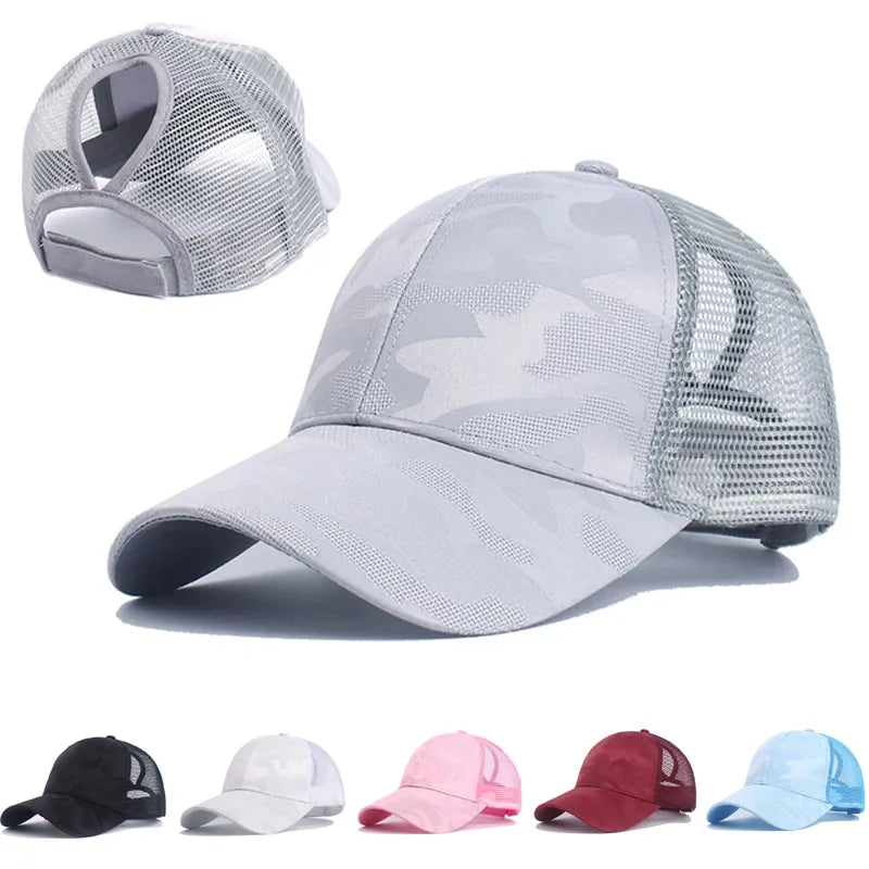 Camouflage Mesh Trucker Hat for Women | Snapback Cap with Ponytail Hole