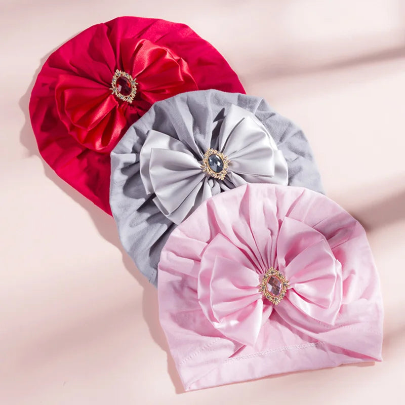 Solid Color Baby Turban Bow Beanie with Rhinestone | Handmade Infant Cap for Girls 0-2 Years