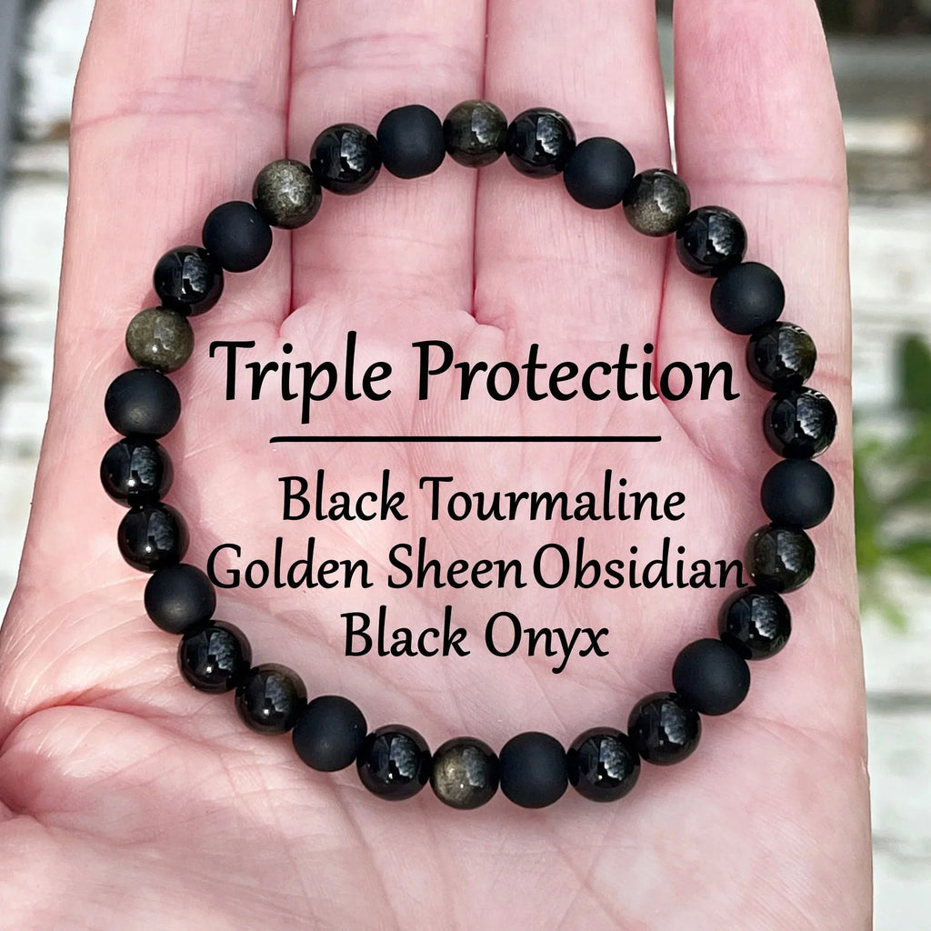 Triple Protection Bracelet | Black Natural Stone with Golden Obsidian