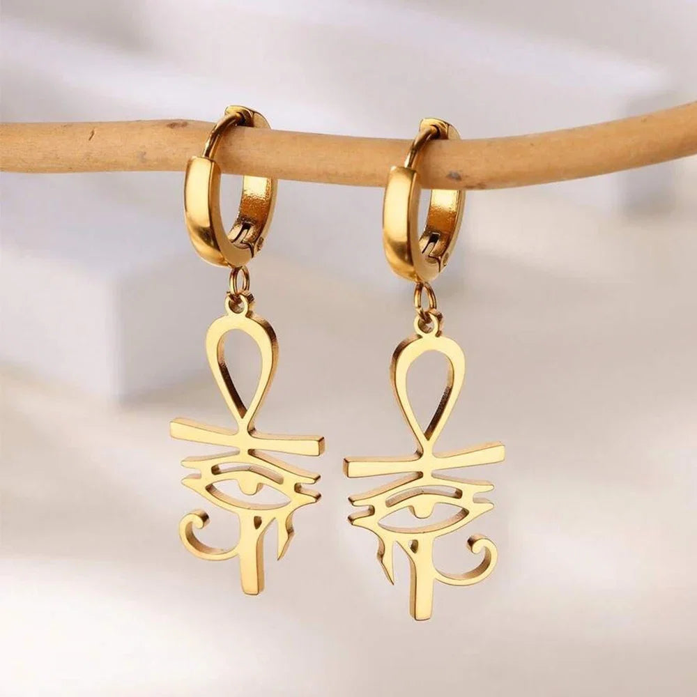 18K Gold Plated Portrait Coin Earrings | Stainless Steel Jesus Cross Dangle Huggie Earrings