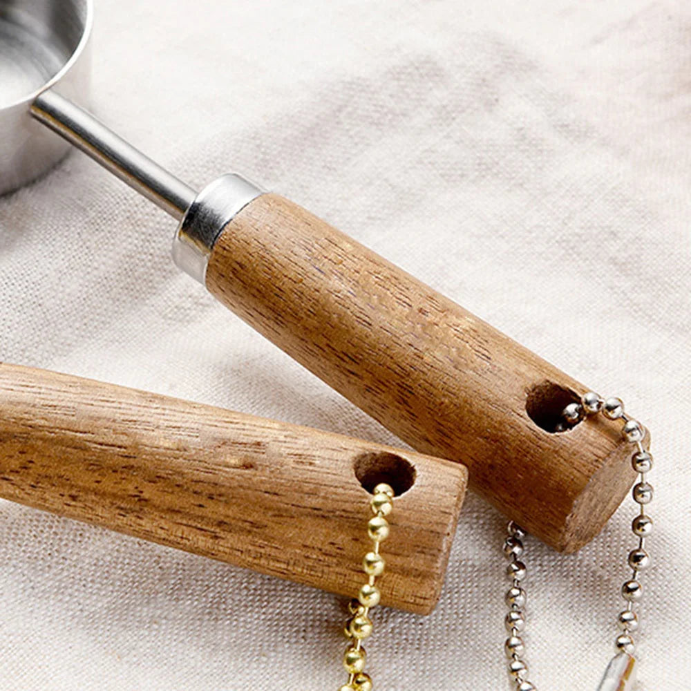 Stainless Steel Measuring Spoon Set | Gold Wood Handle Kitchen Baking Tool