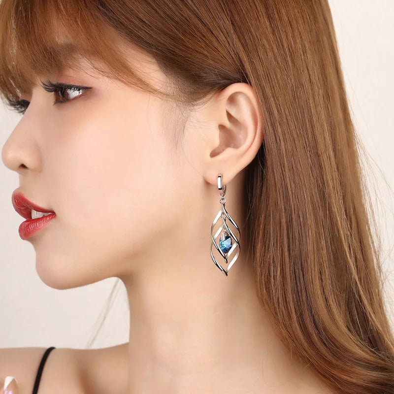 925 Silver Blue Crystal Drop Earrings | Hollow Long Dangle Earrings for Women