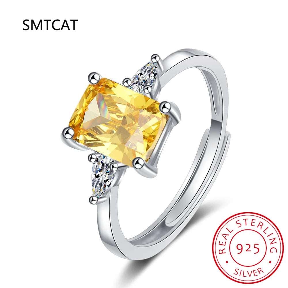 Emerald Cut Citrine Ring | 925 Sterling Silver 3 Stone Wedding Jewelry for Women