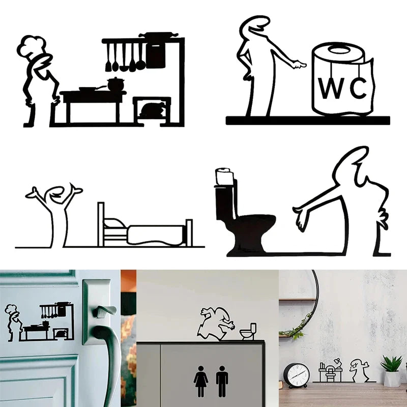 La Linea Minimalist Line Art Sticker Set | Cartoon Character Door Sign for Home Decor