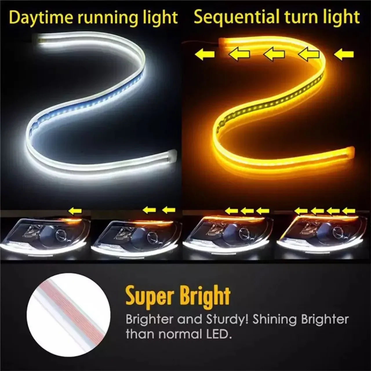 12V LED Car Daytime Running Light | Flexible Waterproof Strip with Flowing Turn Signal