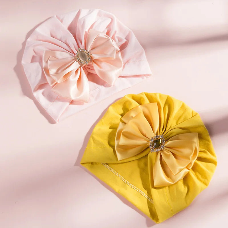 Solid Color Baby Turban Bow Beanie with Rhinestone | Handmade Infant Cap for Girls 0-2 Years