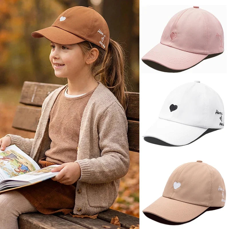 Sweet Heart Kids Girl Hat | Embroidery Cotton Ponytail Baseball Cap for Spring Summer 4-10Y