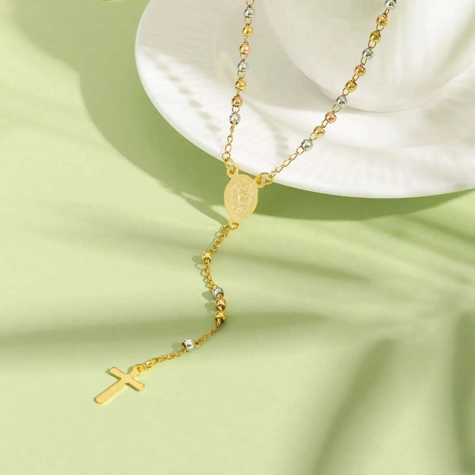 Prjewel Stainless Steel Three-Color Beaded Cross Pendant Y-Necklace | Faith-Inspired Fashion Jewelry