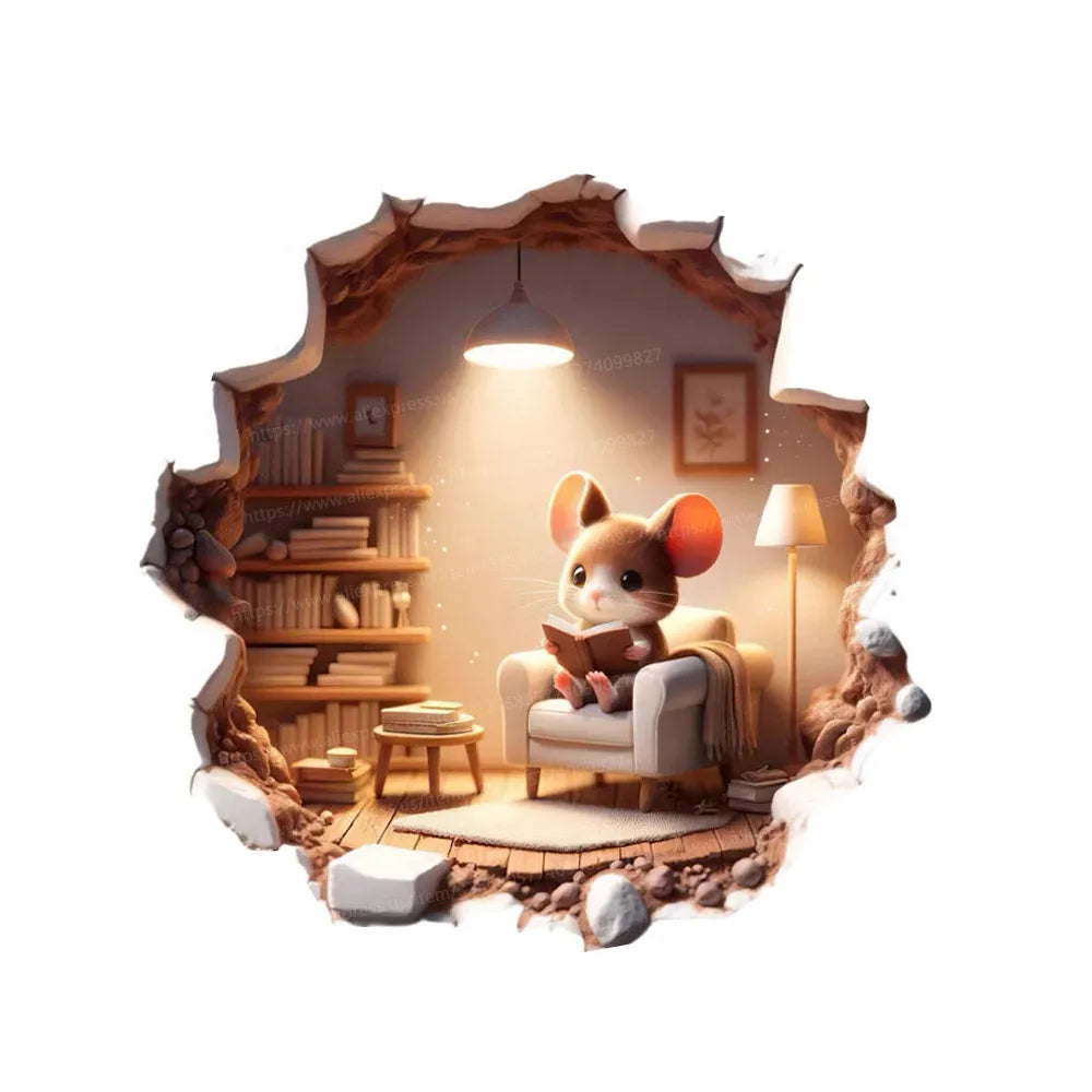 Cute Cartoon Mouse Hole Wall Sticker | Funny Rats Decals for Kids Bedroom Decoration