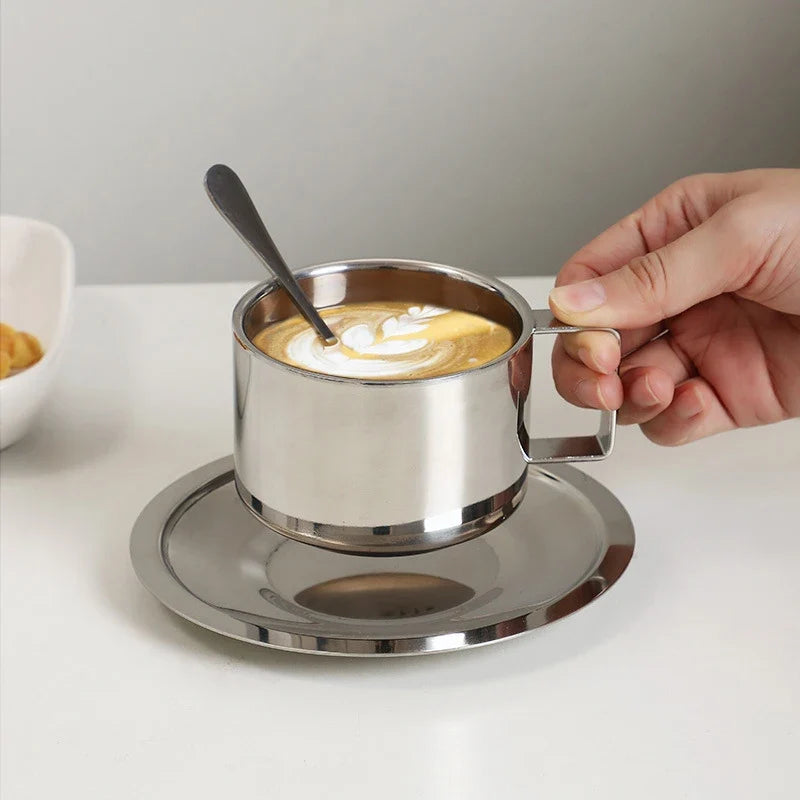 Double Wall Stainless Steel Coffee Cup Set | 180ml/200ml Hot Drink Set with Saucer and Spoon