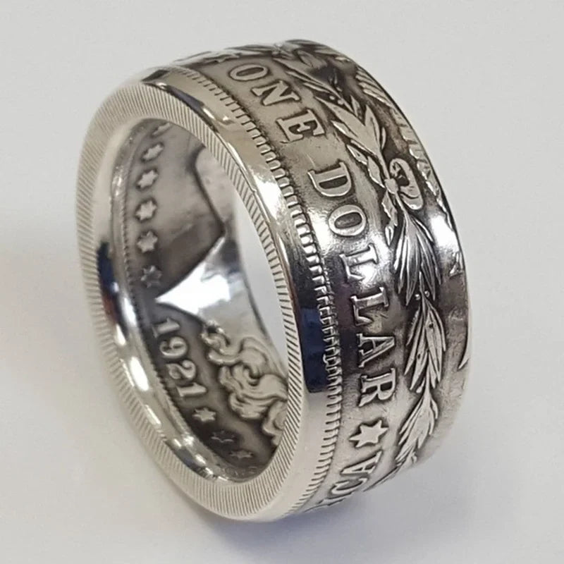 S925 Sterling Silver Ring | Thai Silver Vintage National Emblem Motto Ring for Men