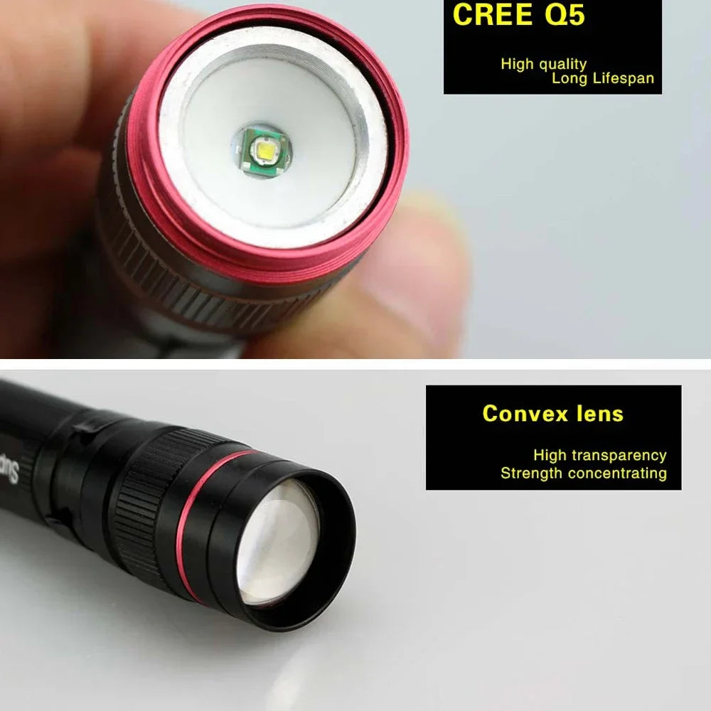 Mini LED Flashlight Q5 | Portable Torch with 3 Modes, Waterproof, AA Battery Powered