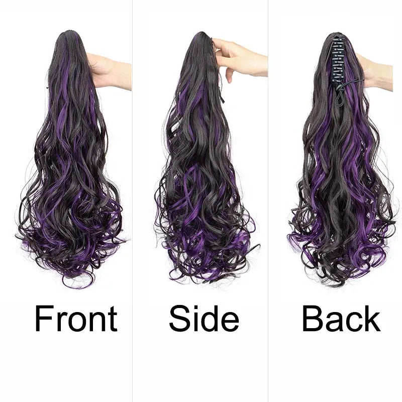 20 Inch Long Curly Ponytail Hair Extension | Mixed Red Purple Clip-In Hairpiece