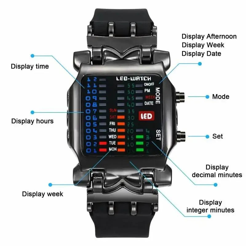 Binary Led Watch | Creative Waterproof Business Electronic Watch for Men with Luminous Display and Date Time