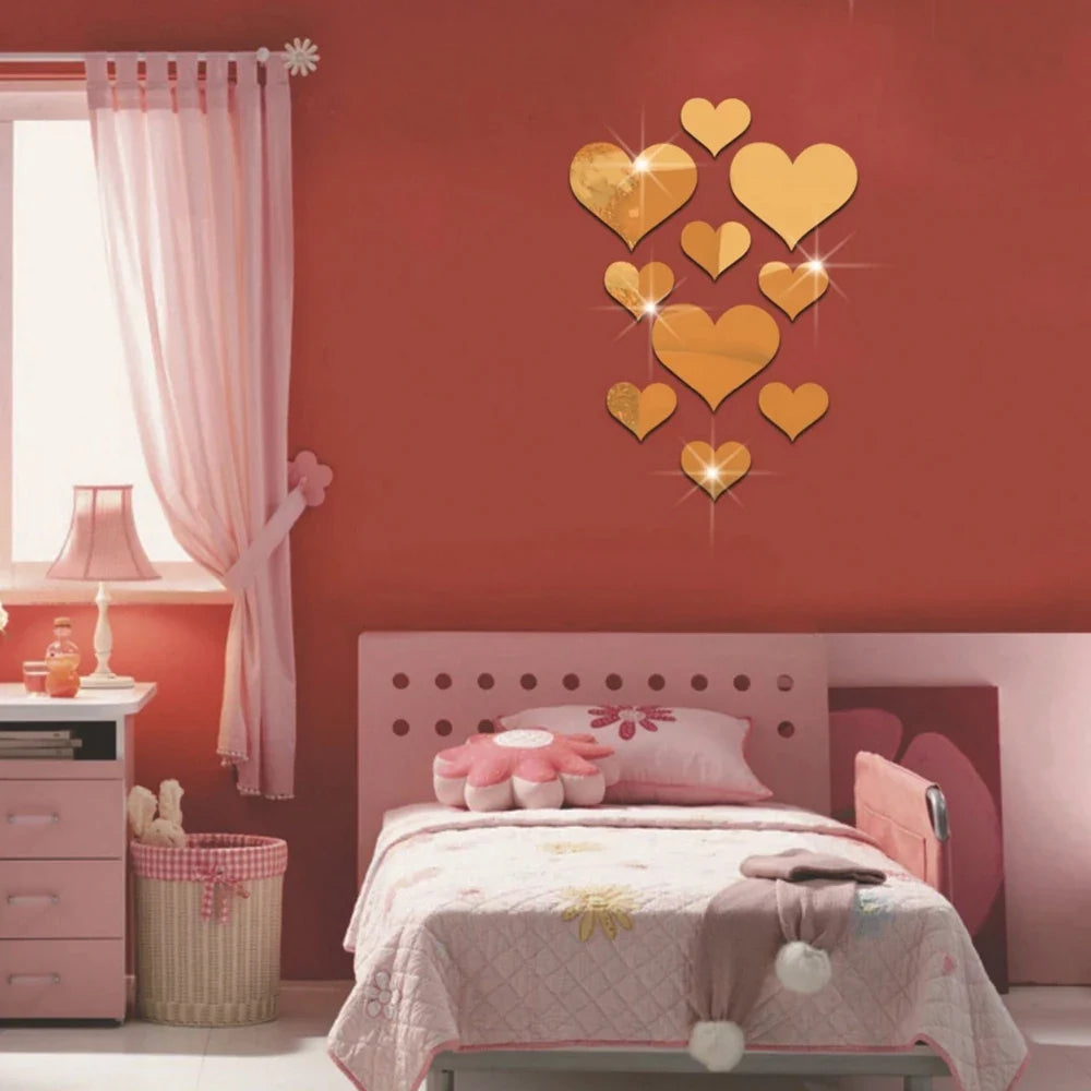 10Pcs Acrylic Love Heart Wall Stickers | Mirror 3D Decals for Home Decor