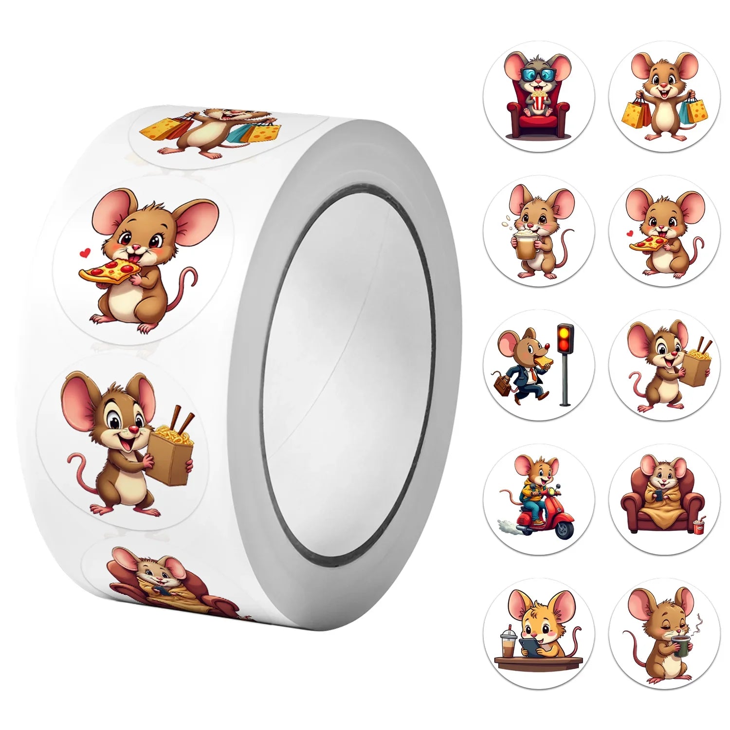 City Mouse Happy Life Stickers Roll 500Pcs | Cute Seal Labels for DIY Decor