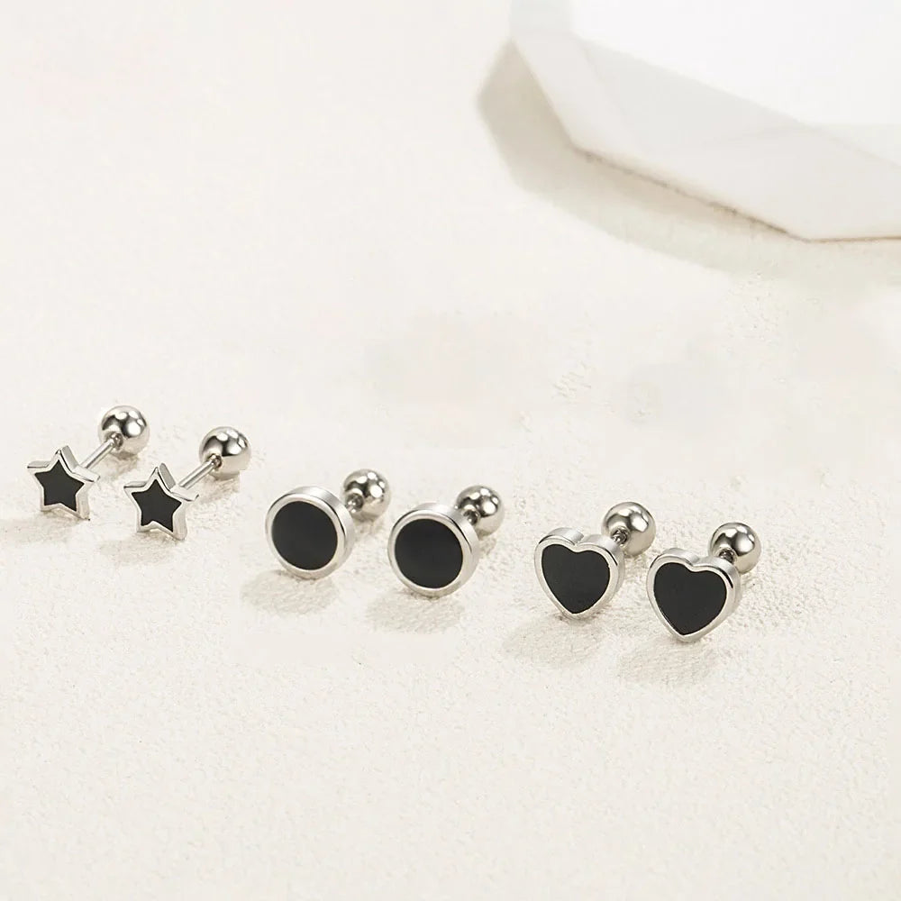 925 Sterling Silver Black Heart Star Stud Earrings | Small Round Earrings for Women