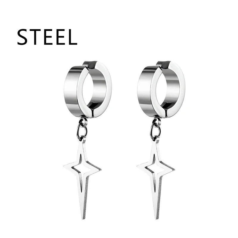 Stainless Steel Punk Star Hoop Earrings | Clip-On Earrings for Men and Women