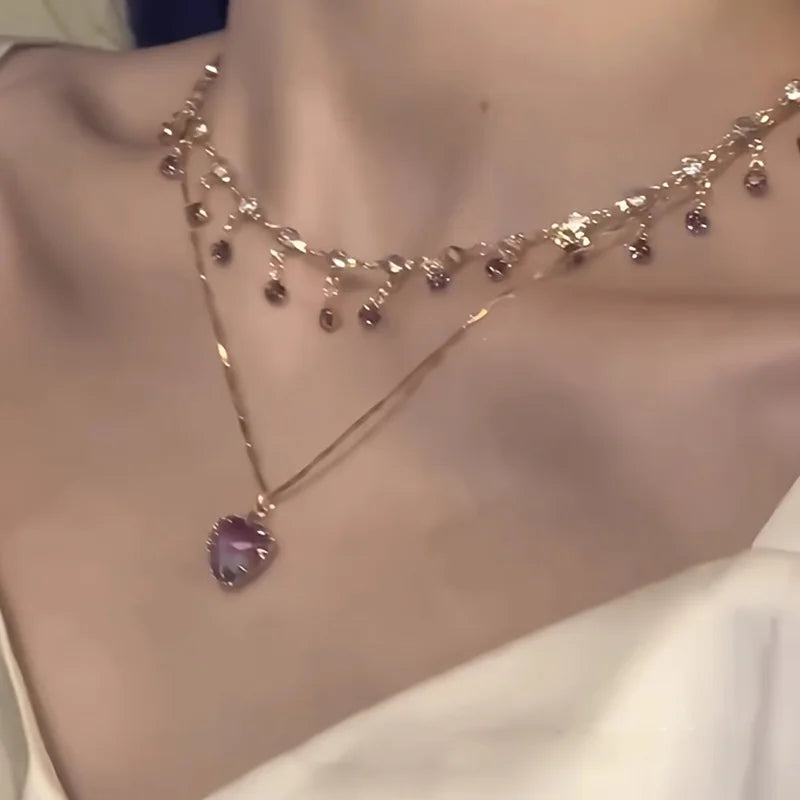Elegant Women's Double Layer Heart Pendant Necklace | Synthetic Zirconia Collarbone Jewelry