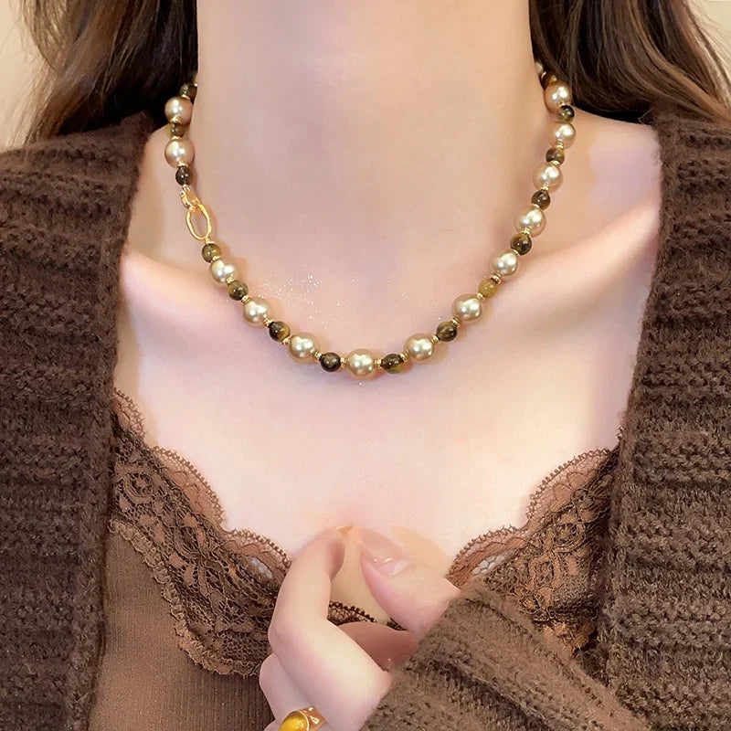 Warm Tiger's Eye Pearl Bead Necklace | Classic Sweater Chain Jewelry