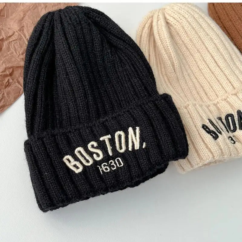 Boston Knitted Baby Hat with Letter Design | Winter Ear Protection Cap