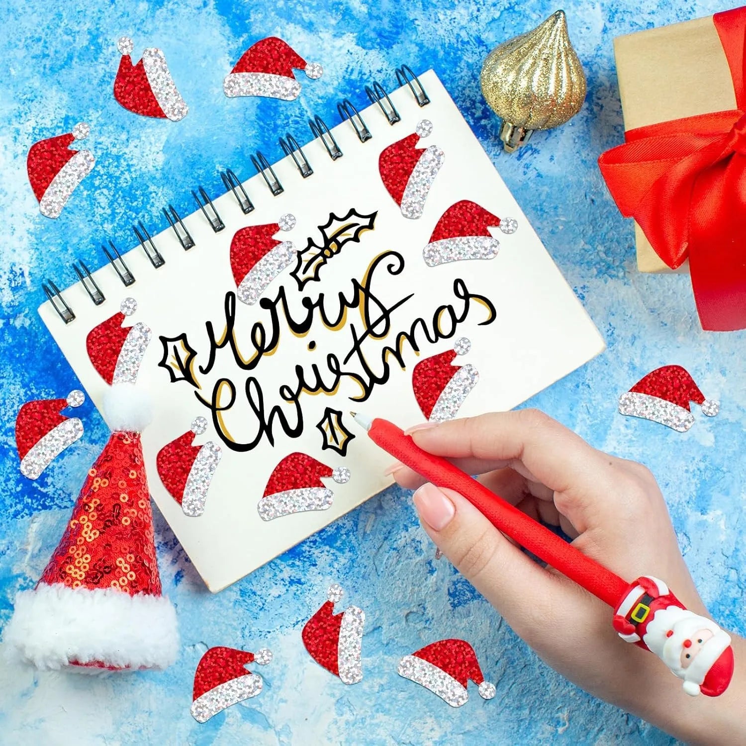 500Pcs Christmas Hat Stickers Roll | Laser Red Santa Hat Seal Stickers for Envelopes and Party Decor