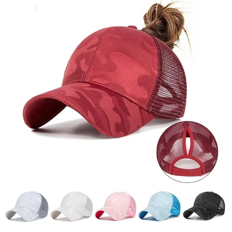 Camouflage Mesh Trucker Hat for Women | Snapback Cap with Ponytail Hole