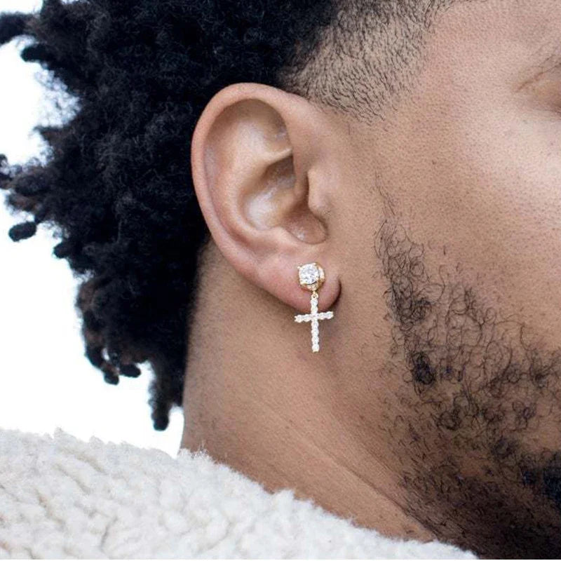 Punk Gold/Silver Cross Stud Earrings | Hip Hop Rhinestone Piercing Ear Accessories