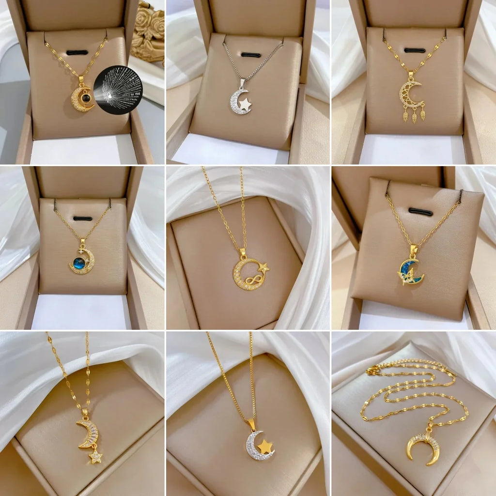 Stainless Steel Crescent Moon Pendant Necklace | Vintage Gold Choker Jewelry for Women