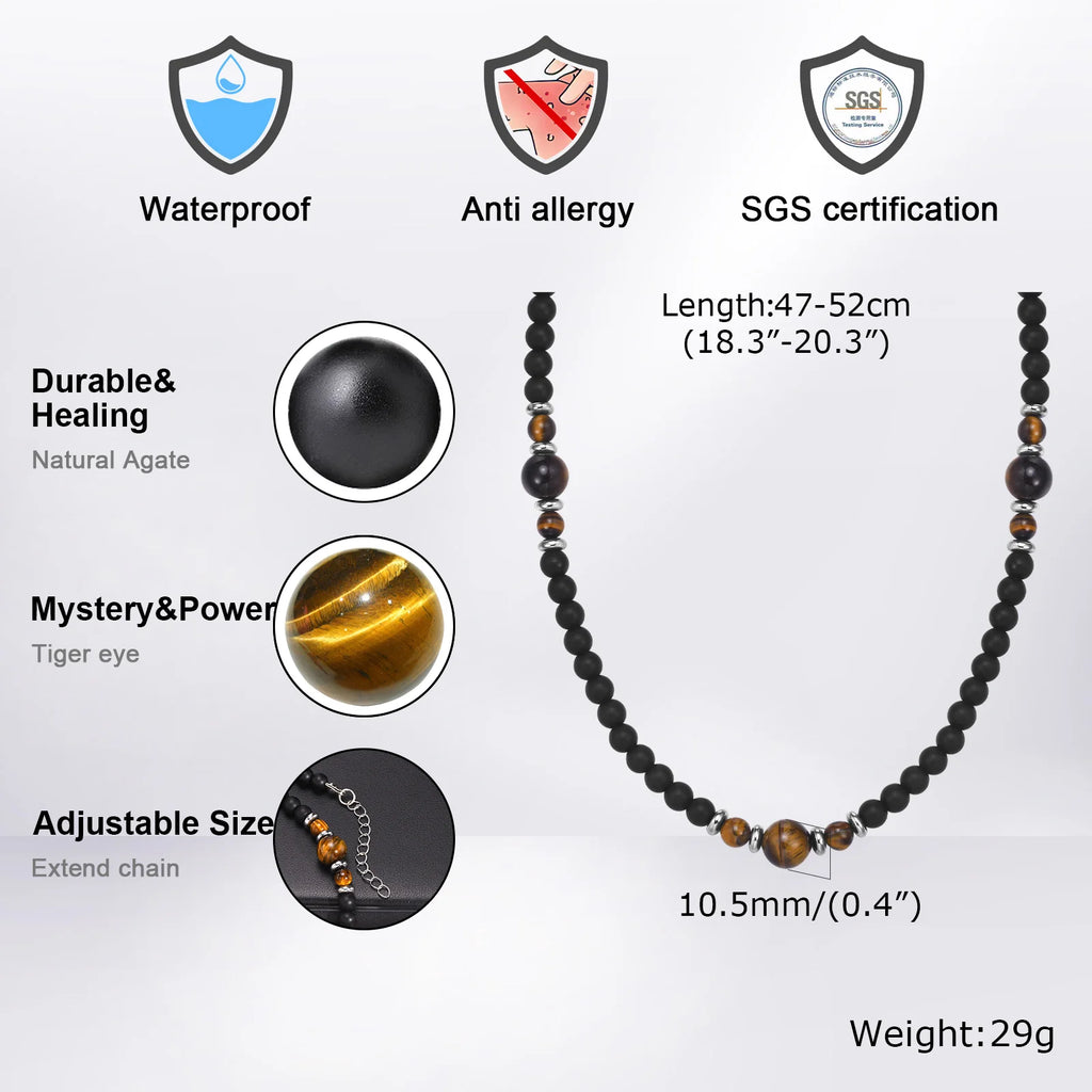 Casual Black Brown Beaded Necklace for Men | Summer Beach Tiger Eye Stone Jewelry