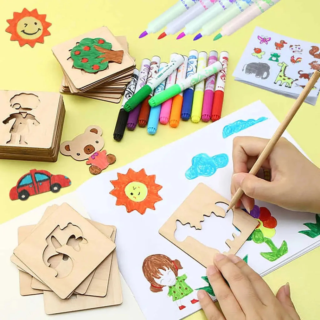 20pcs Montessori Kids Drawing Toys Wooden DIY Painting Template Stencils | Learning Educational Toys for Children