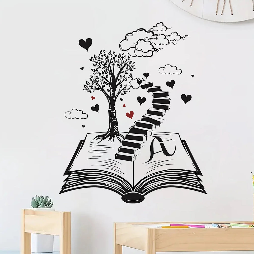 Wall Stickers for Living Room Bedroom | Creative Black Heart Book World Ladder Tree Wall Decals