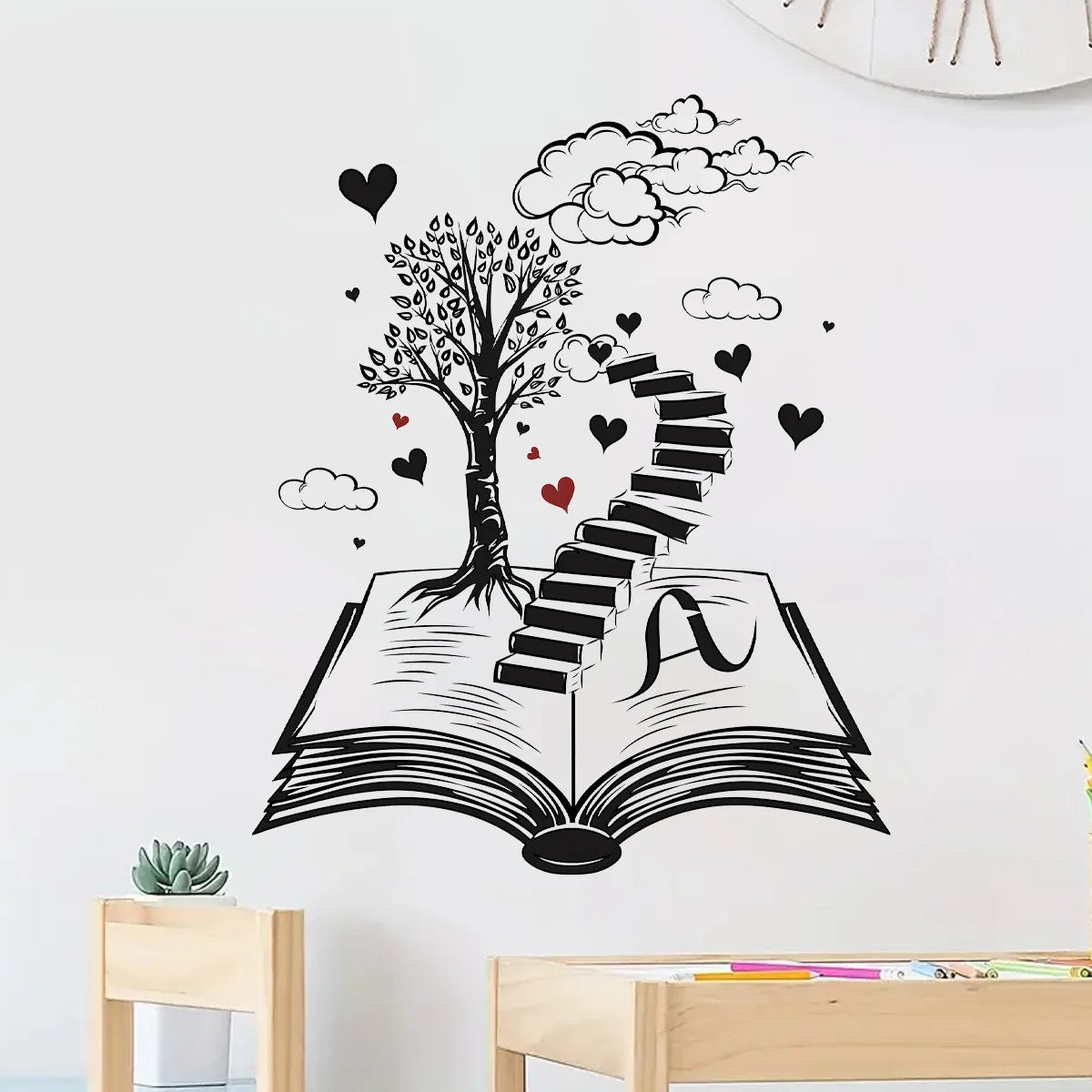 Wall Stickers for Living Room Bedroom | Creative Black Heart Book World Ladder Tree Wall Decals