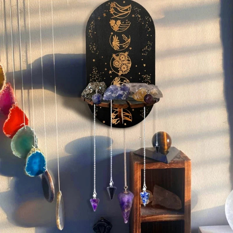 Wooden Crystal Shelf Display Stand | Bohemian Wall Rack for Stones and Jewelry