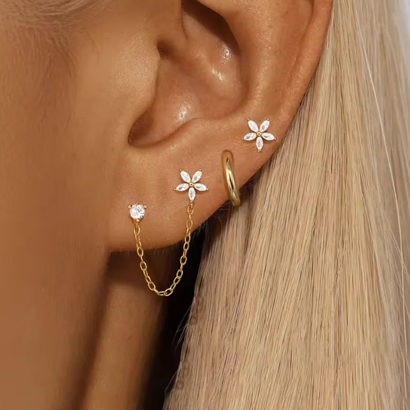 3PCS Stainless Steel Zircon Flower Star Ear Stud Earrings Set | 14K Gold Plated Chain Cartilage Piercing Earrings for Women